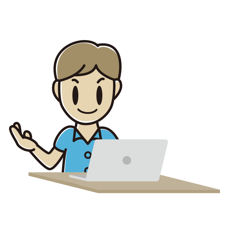 パソコンに案内する男性会社員（クールビズ）のイラスト【色あり、背景なし】透過PNG