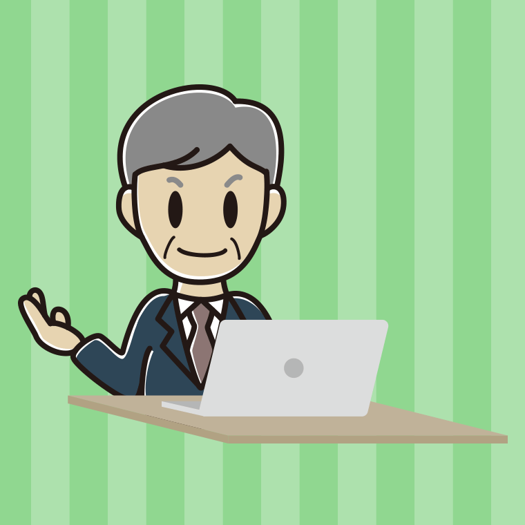 パソコンに案内する年配男性会社員のイラスト【色、背景あり】PNG