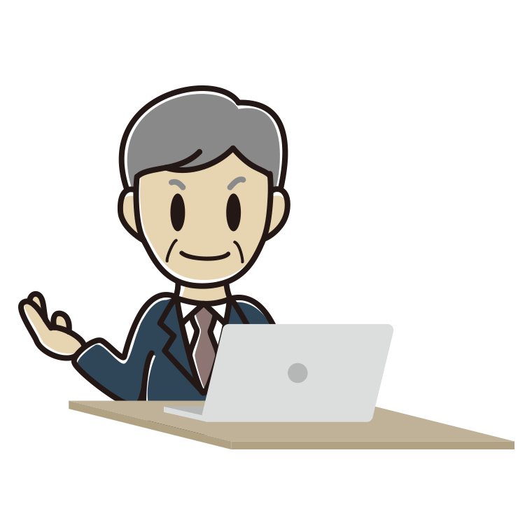 パソコンに案内する年配男性会社員のイラスト【色あり、背景なし】透過PNG