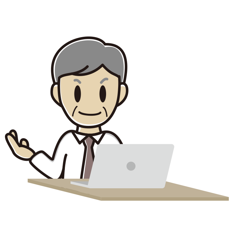 パソコンに案内する年配男性会社員（ワイシャツ）のイラスト【色あり、背景なし】透過PNG