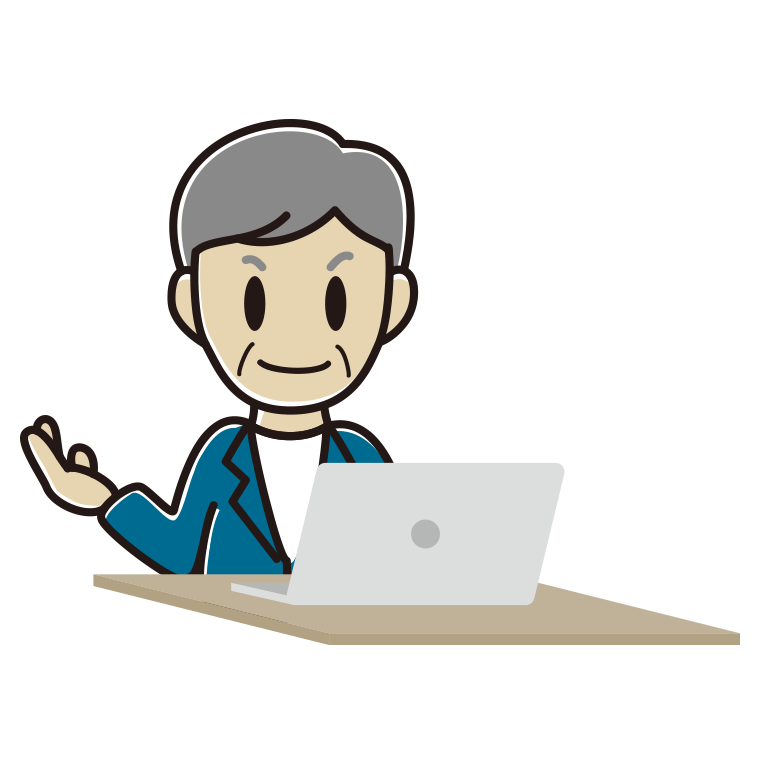 パソコンに案内する年配男性会社員（カジュアル）のイラスト【色あり、背景なし】透過PNG