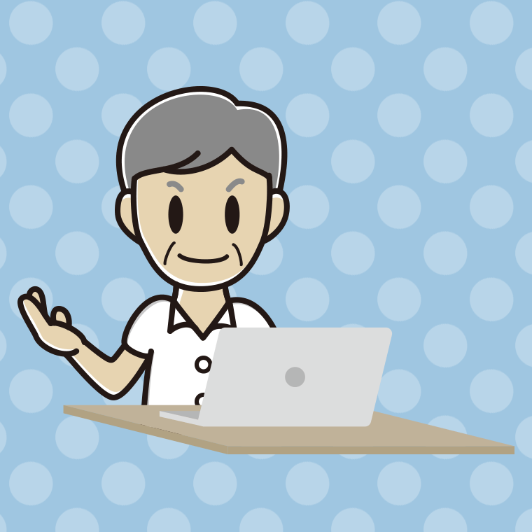 パソコンに案内する年配男性会社員（クールビズ）のイラスト【色、背景あり】PNG