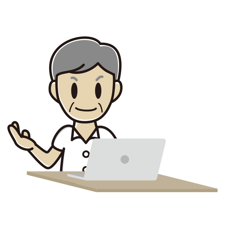 パソコンに案内する年配男性会社員（クールビズ）のイラスト【色あり、背景なし】透過PNG