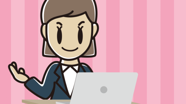 パソコンに案内する女性会社員のイラスト【色、背景あり】PNG