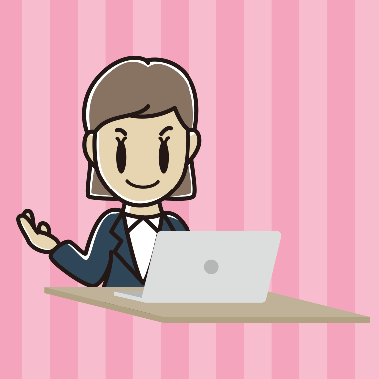 パソコンに案内する女性会社員のイラスト【色、背景あり】PNG