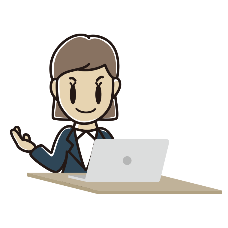 パソコンに案内する女性会社員のイラスト【色あり、背景なし】透過PNG