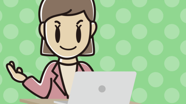 パソコンに案内する女性会社員（カジュアル）のイラスト【色、背景あり】PNG