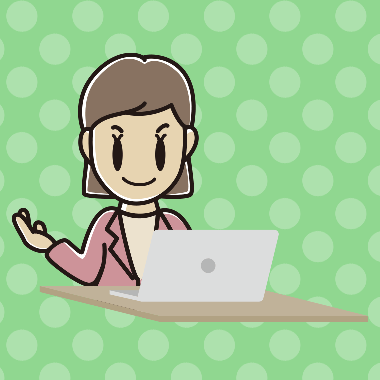パソコンに案内する女性会社員（カジュアル）のイラスト【色、背景あり】PNG