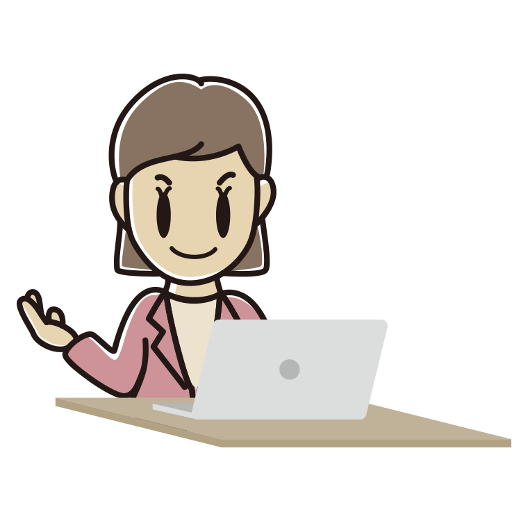 パソコンに案内する女性会社員（カジュアル）のイラスト【色あり、背景なし】透過PNG