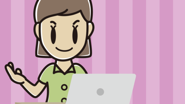 パソコンに案内する女性会社員（クールビズ）のイラスト【色、背景あり】PNG