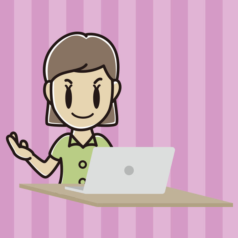 パソコンに案内する女性会社員（クールビズ）のイラスト【色、背景あり】PNG