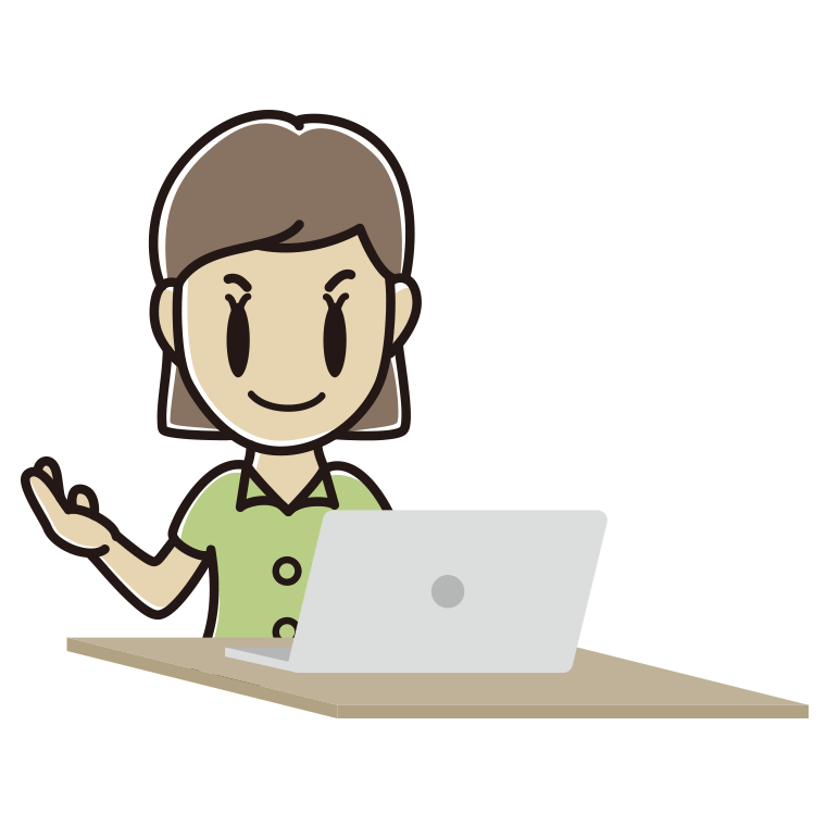 パソコンに案内する女性会社員（クールビズ）のイラスト【色あり、背景なし】透過PNG