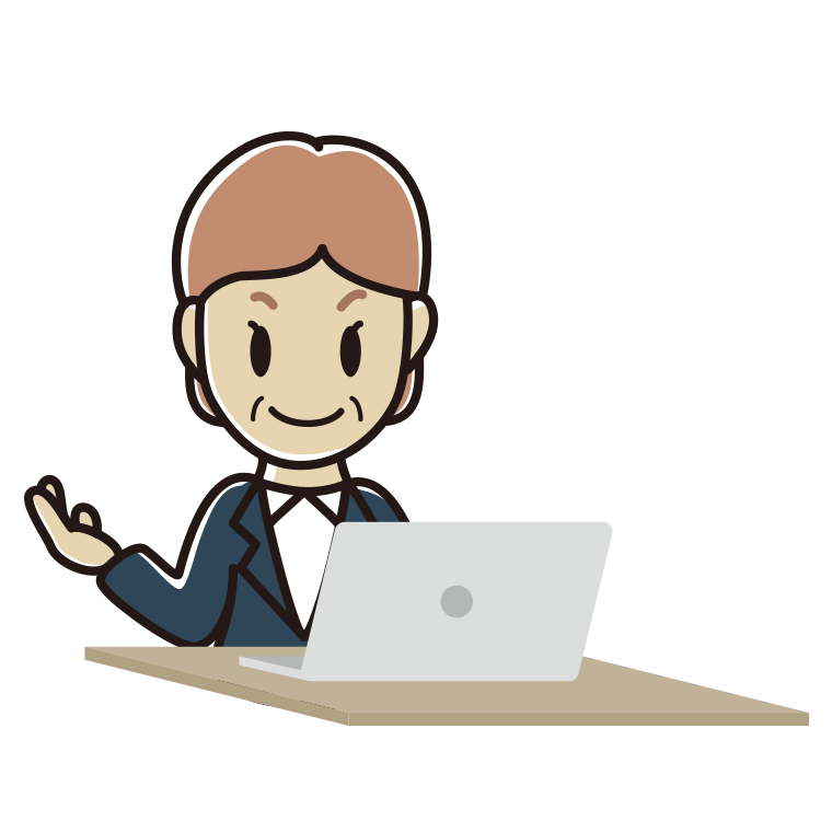 パソコンに案内する年配女性会社員のイラスト【色あり、背景なし】透過PNG