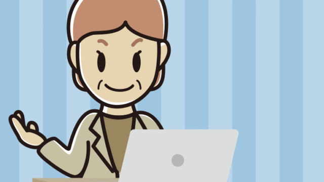 パソコンに案内する年配女性会社員（カジュアル）のイラスト【色、背景あり】PNG