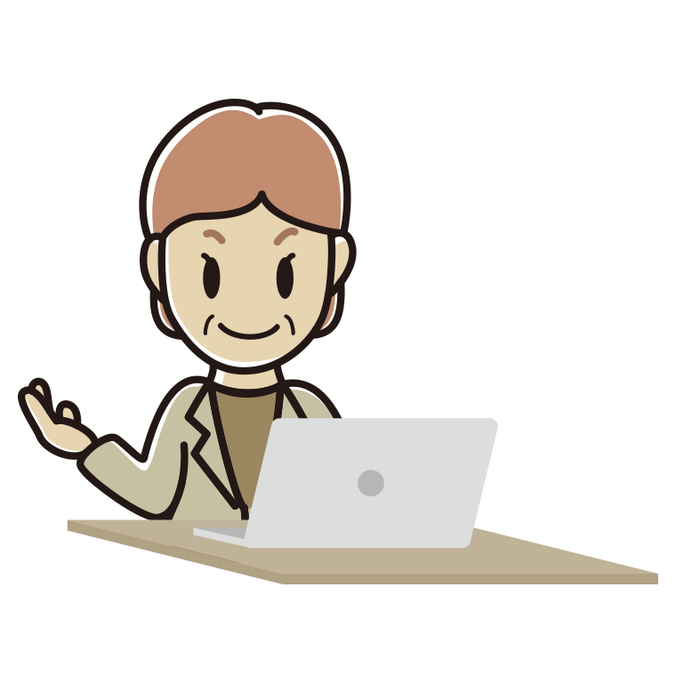パソコンに案内する年配女性会社員（カジュアル）のイラスト【色あり、背景なし】透過PNG