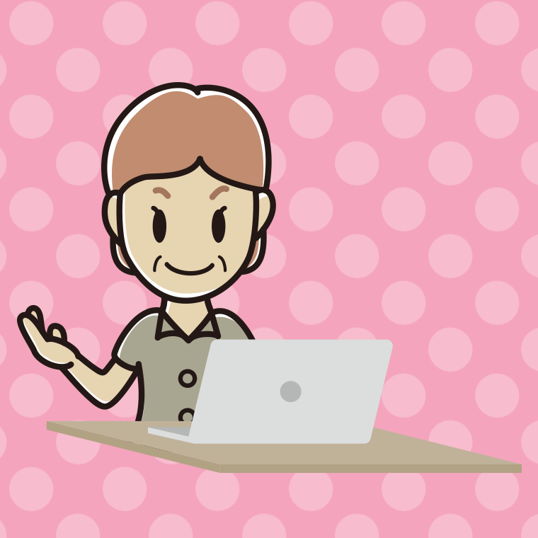 パソコンに案内する年配女性会社員（クールビズ）のイラスト【色、背景あり】PNG