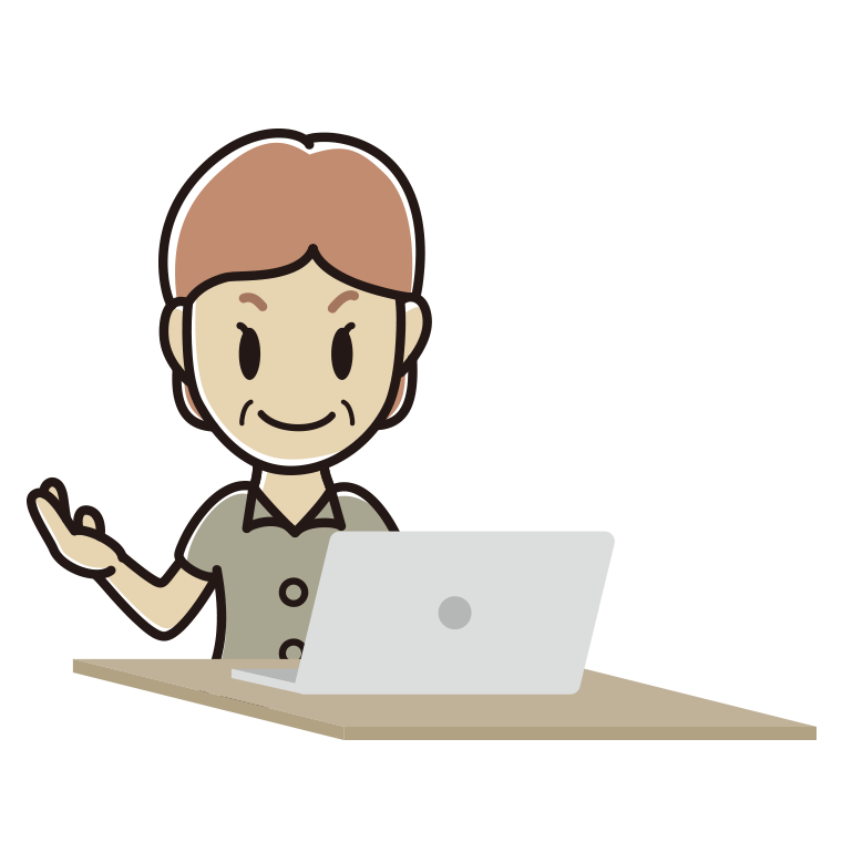 パソコンに案内する年配女性会社員（クールビズ）のイラスト【色あり、背景なし】透過PNG