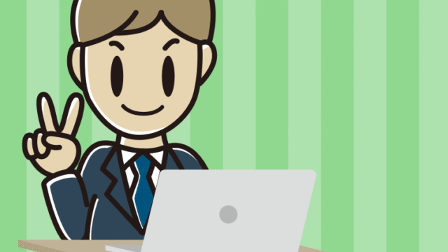 パソコンにピースをする男性会社員のイラスト【色、背景あり】PNG