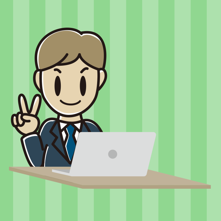 パソコンにピースをする男性会社員のイラスト【色、背景あり】PNG