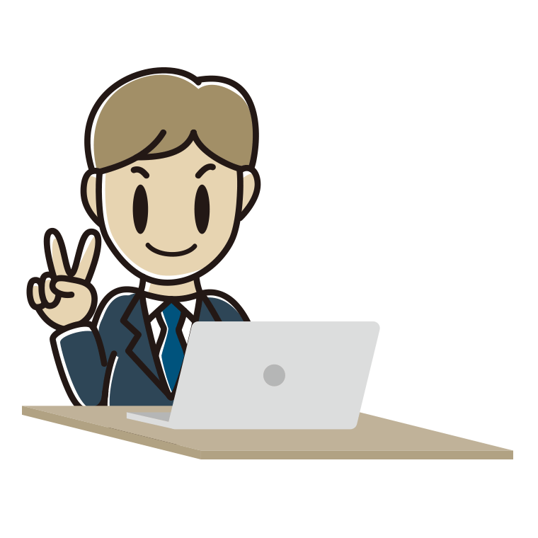 パソコンにピースをする男性会社員のイラスト【色あり、背景なし】透過PNG
