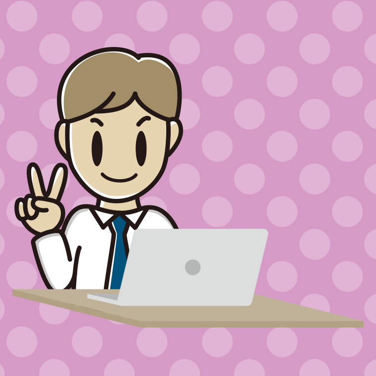 パソコンにピースをする男性会社員（ワイシャツ）のイラスト【色、背景あり】PNG