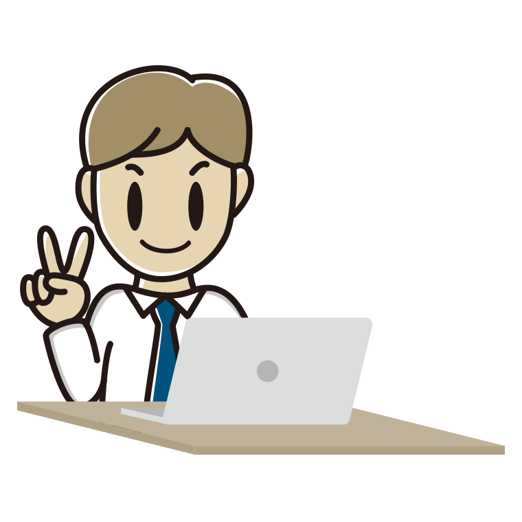 パソコンにピースをする男性会社員（ワイシャツ）のイラスト【色あり、背景なし】透過PNG