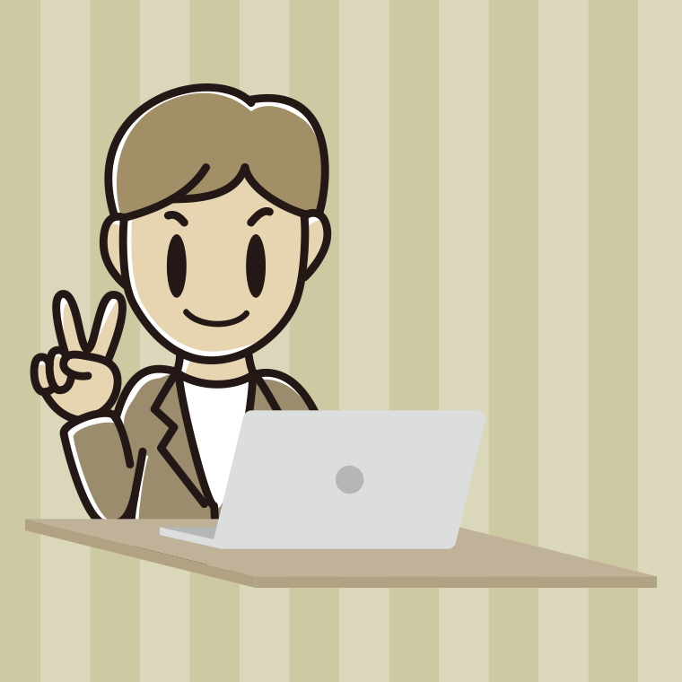 パソコンにピースをする男性会社員（カジュアル）のイラスト【色、背景あり】PNG