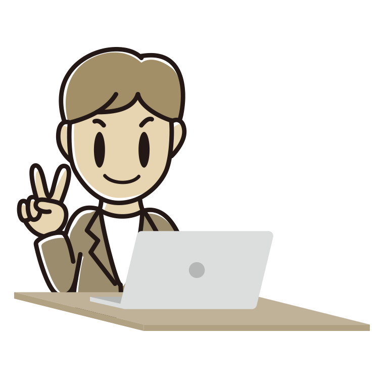 パソコンにピースをする男性会社員（カジュアル）のイラスト【色あり、背景なし】透過PNG