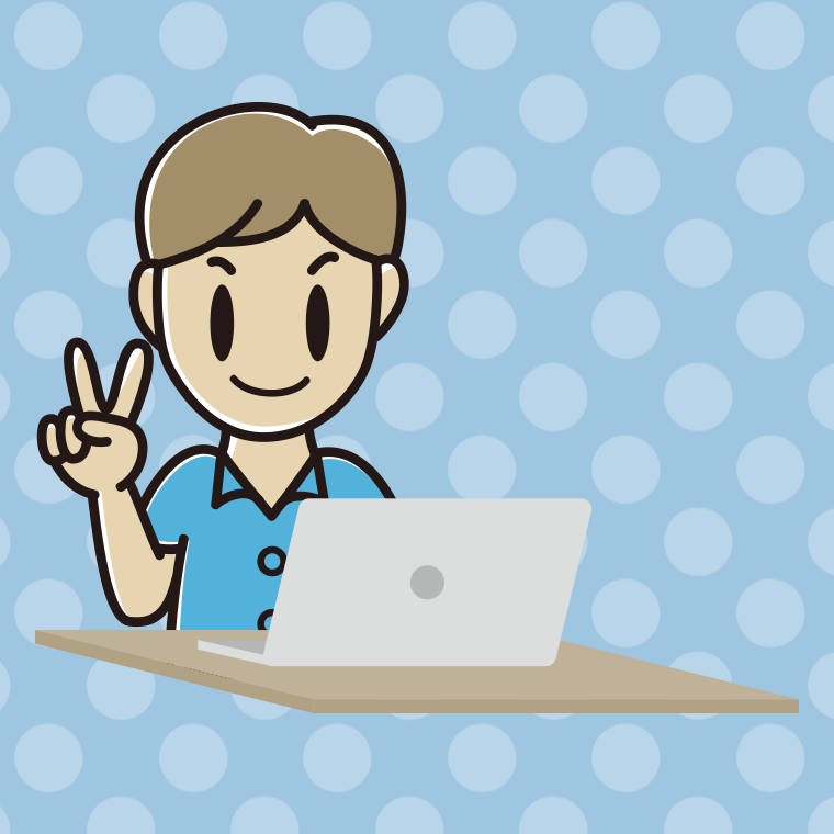 パソコンにピースをする男性会社員（クールビズ）のイラスト【色、背景あり】PNG