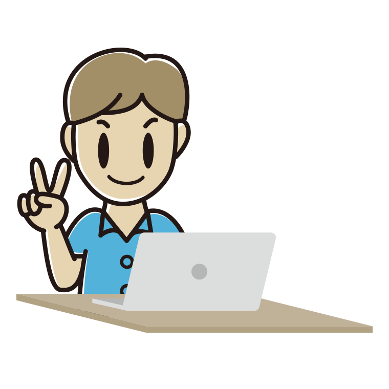 パソコンにピースをする男性会社員（クールビズ）のイラスト【色あり、背景なし】透過PNG