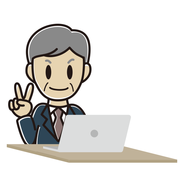 パソコンにピースをする年配男性会社員のイラスト【色あり、背景なし】透過PNG