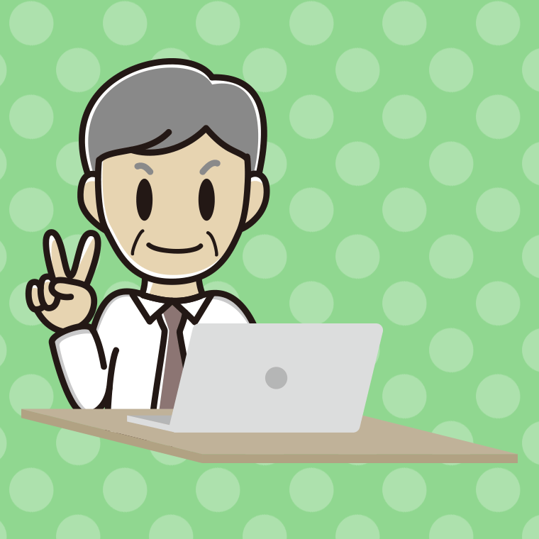 パソコンにピースをする年配男性会社員（ワイシャツ）のイラスト【色、背景あり】PNG