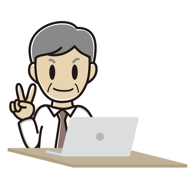 パソコンにピースをする年配男性会社員（ワイシャツ）のイラスト【色あり、背景なし】透過PNG