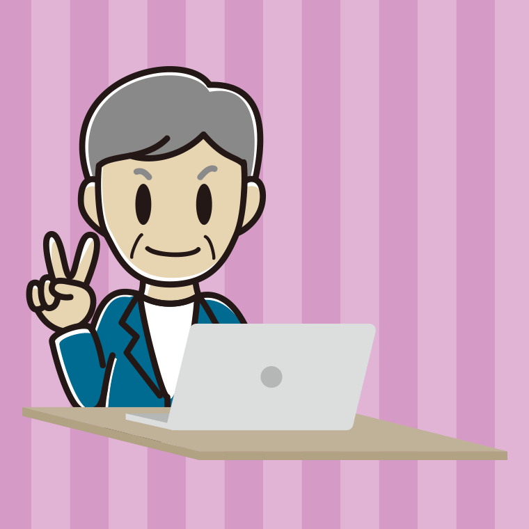 パソコンにピースをする年配男性会社員（カジュアル）のイラスト【色、背景あり】PNG