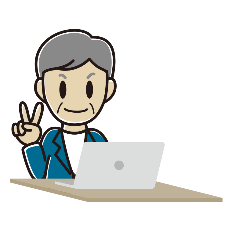 パソコンにピースをする年配男性会社員（カジュアル）のイラスト【色あり、背景なし】透過PNG