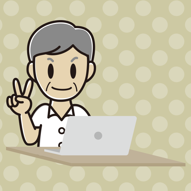 パソコンにピースをする年配男性会社員（クールビズ）のイラスト【色、背景あり】PNG