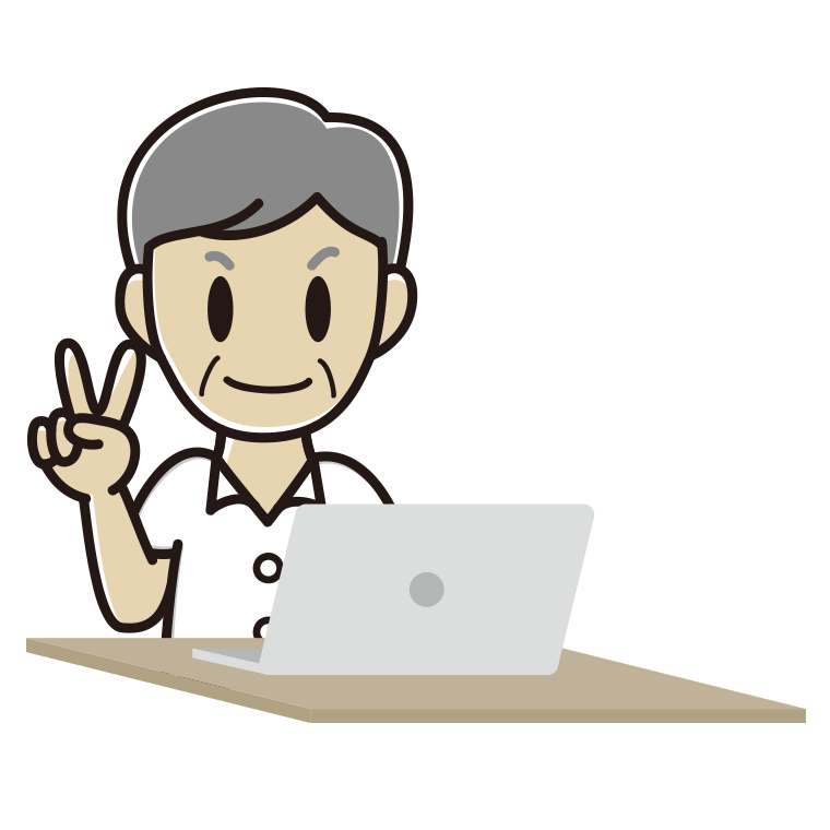 パソコンにピースをする年配男性会社員（クールビズ）のイラスト【色あり、背景なし】透過PNG