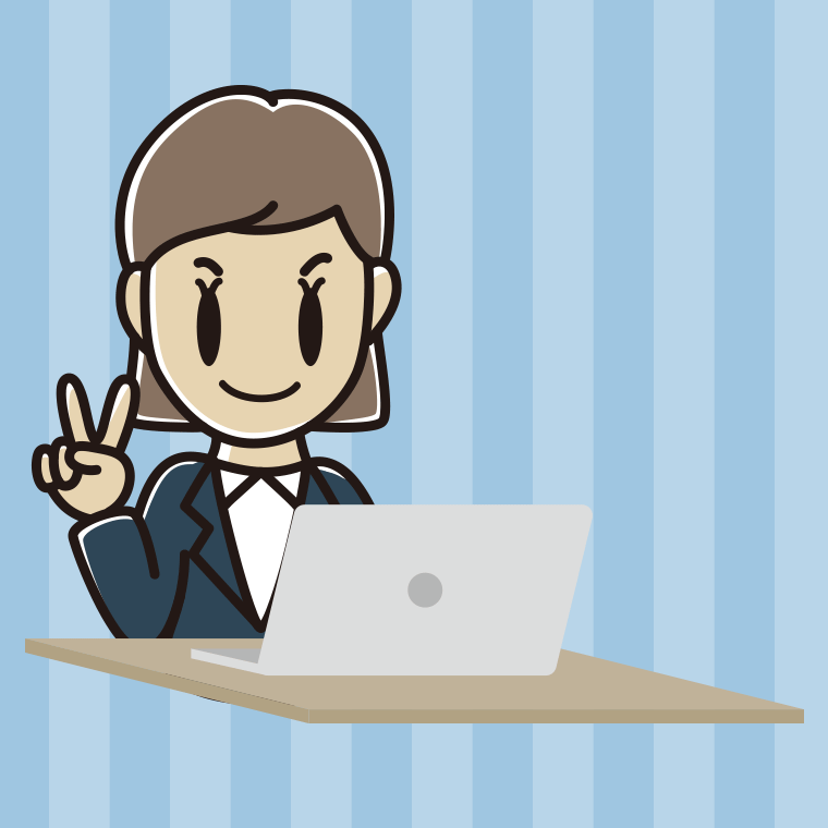 パソコンにピースをする女性会社員のイラスト【色、背景あり】PNG