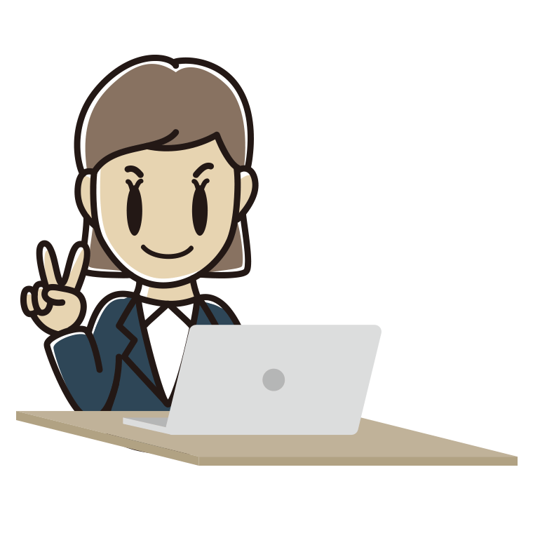 パソコンにピースをする女性会社員のイラスト【色あり、背景なし】透過PNG