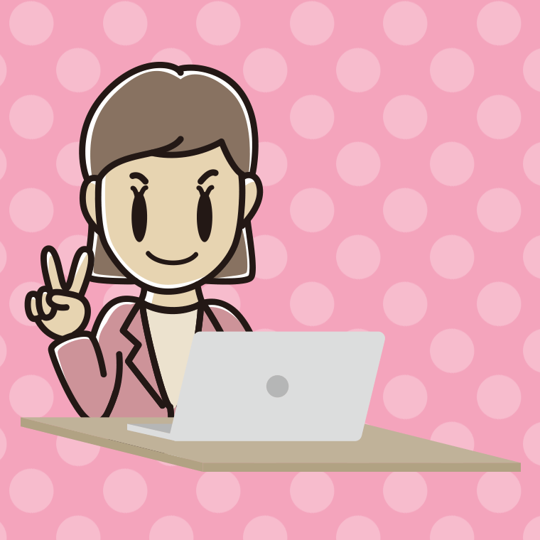 パソコンにピースをする女性会社員（カジュアル）のイラスト【色、背景あり】PNG