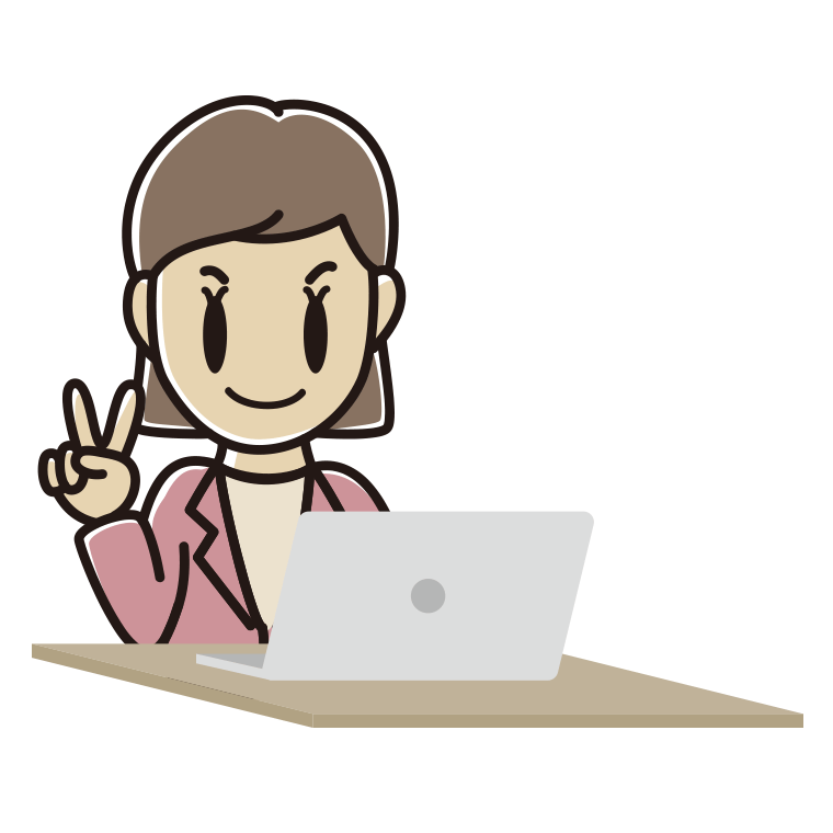 パソコンにピースをする女性会社員（カジュアル）のイラスト【色あり、背景なし】透過PNG