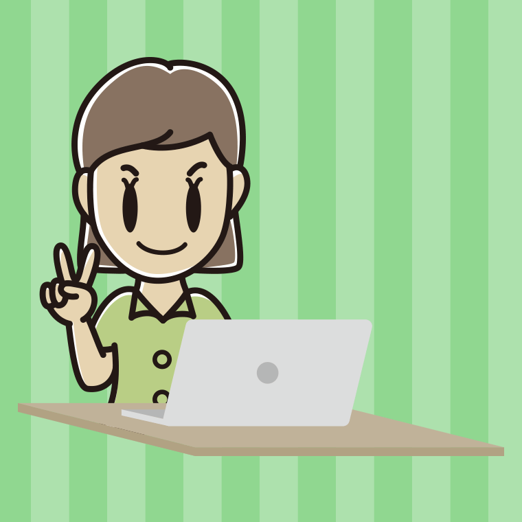 パソコンにピースをする女性会社員（クールビズ）のイラスト【色、背景あり】PNG
