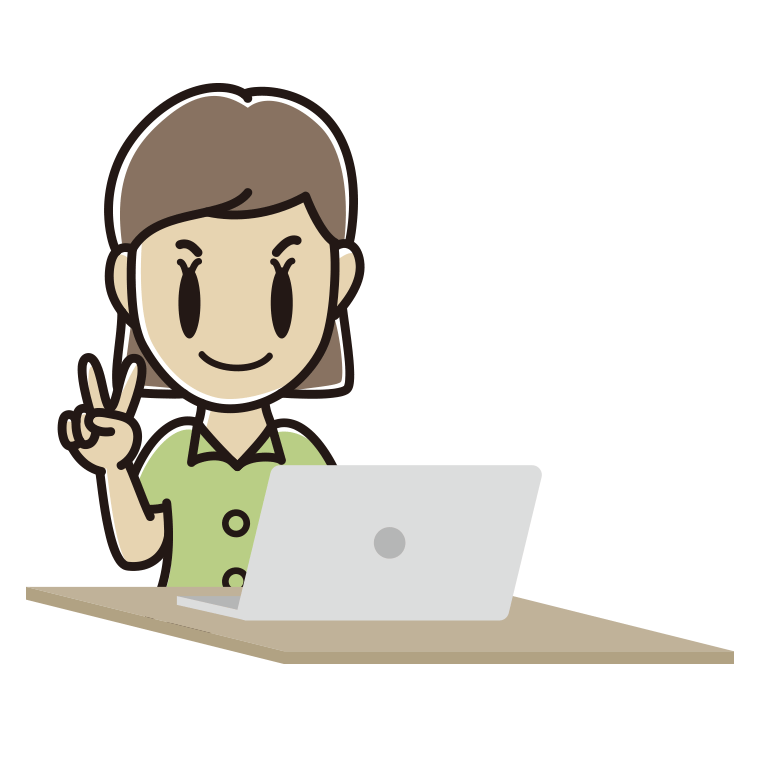 パソコンにピースをする女性会社員（クールビズ）のイラスト【色あり、背景なし】透過PNG