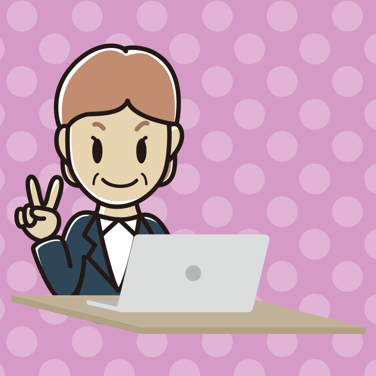 パソコンにピースをする年配女性会社員のイラスト【色、背景あり】PNG