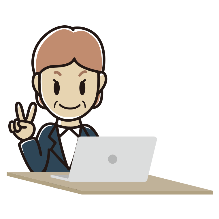 パソコンにピースをする年配女性会社員のイラスト【色あり、背景なし】透過PNG