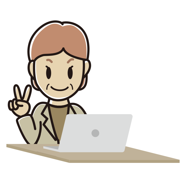 パソコンにピースをする年配女性会社員（カジュアル）のイラスト【色あり、背景なし】透過PNG