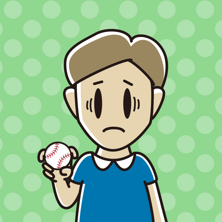 フォークボールの握り方で困る男性のイラスト【色、背景あり】PNG