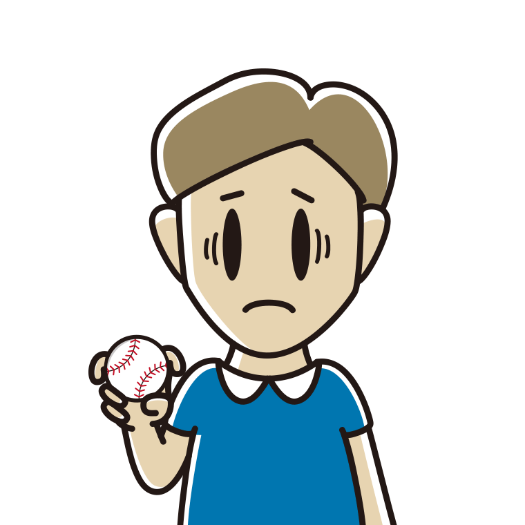 フォークボールの握り方で困る男性のイラスト【色あり、背景なし】透過PNG