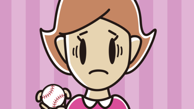 フォークボールの握り方で困る女性のイラスト【色、背景あり】PNG