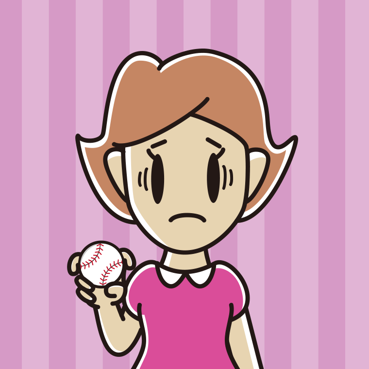 フォークボールの握り方で困る女性のイラスト【色、背景あり】PNG